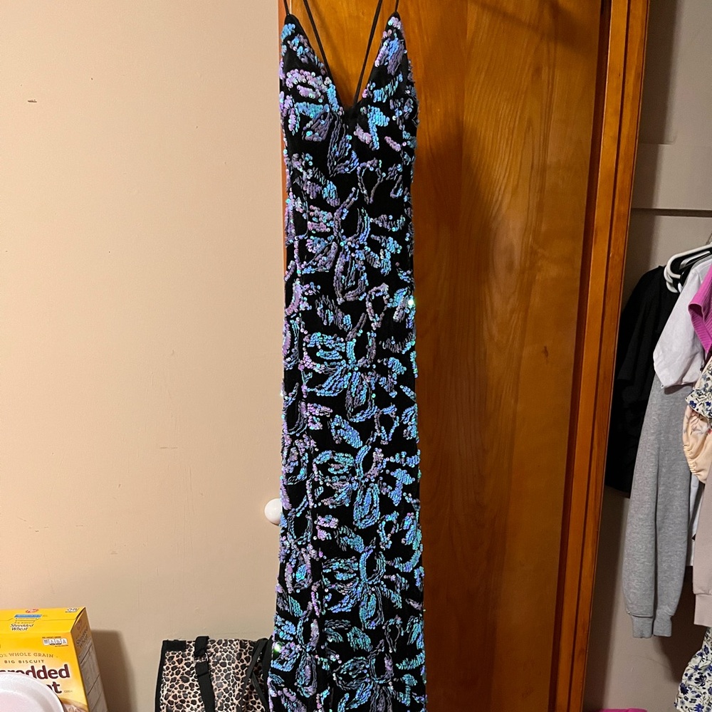 Elegant Black and Blue Floral Prom Dress